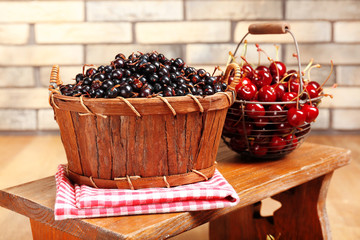 Fresh berries in basket on wall background