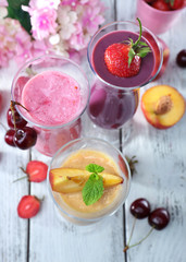 Delicious smoothie on table, close-up