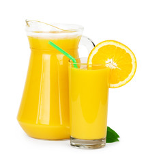 Fresh orange juice in pitcher on white background