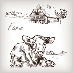 Farm set. House, cow, homestead hand drawn vector illustration © J_ka