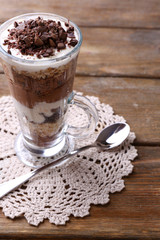 Yogurt, with chocolate cream, chopped chocolate and muesli