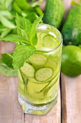 Lemonade with fresh cucumber, lime and mint in glass
