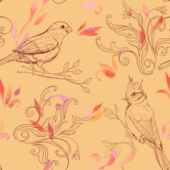 pattern with bird and handdrawn flowers
