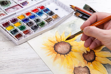 Watercolor painting sunflower wit equipment