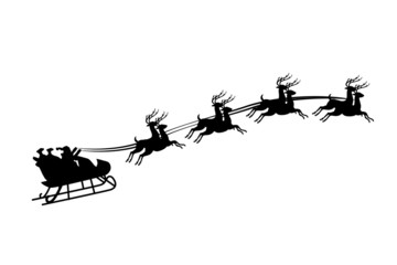 Illustration of Santa Claus riding in a sleigh with harness on t