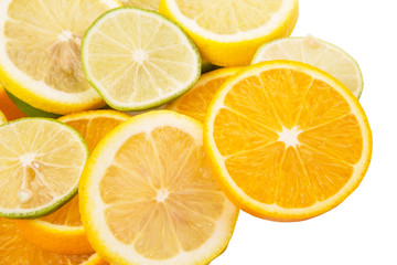 Lime, lemon and orange layer slices over white background