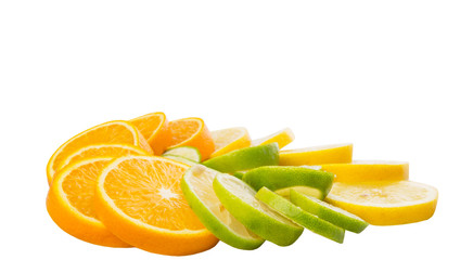 Lime, lemon and orange layer slices over white background