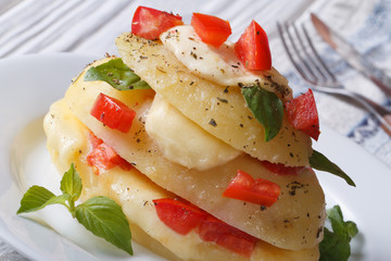 sliced ​​potatoes baked with mozzarella, tomato horizontal