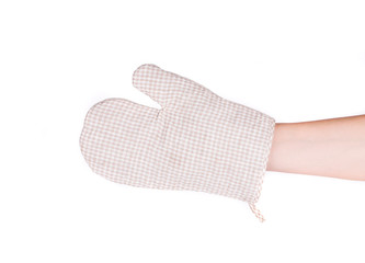Oven gray glove on hand.
