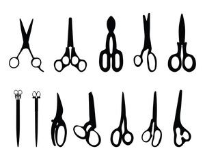 Black silhouettes of scissors on white background, vector