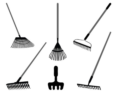 Black silhouettes of rake on a white background, vector
