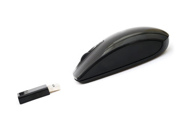 usb adapter and wireless mouse on white background