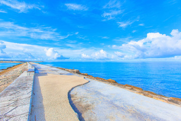 Breakwater and blue ocean and sky in Okinawa