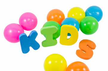 The words kids with balls on white