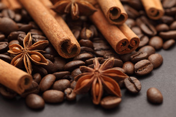 Cinnamon sticks, star anise and coffee beans
