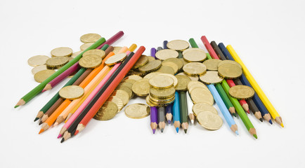 crayons and coins - obrazy, fototapety, plakaty