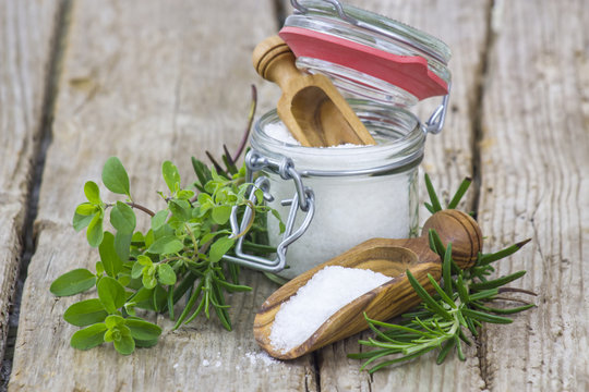 Healthy sea salt and fresh herbs