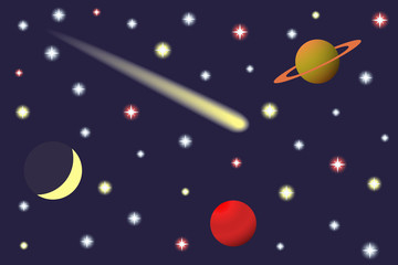 Fototapeta na wymiar Saturn and Comet in the starry sky.