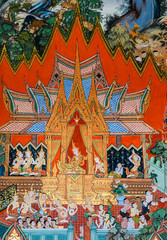 Native Thai mural painting on temple wall, Thailand
