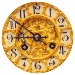 Rich decorated golden clock face isolated on white