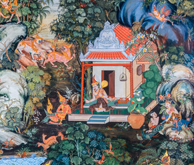 Native Thai mural painting on temple wall, Thailand © boonsom