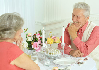 Obraz na płótnie Canvas Happy elderly couple having dinner