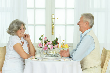 Obraz na płótnie Canvas Happy elderly couple having dinner