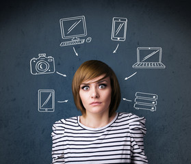 Young woman thinking with drawn gadgets around her head