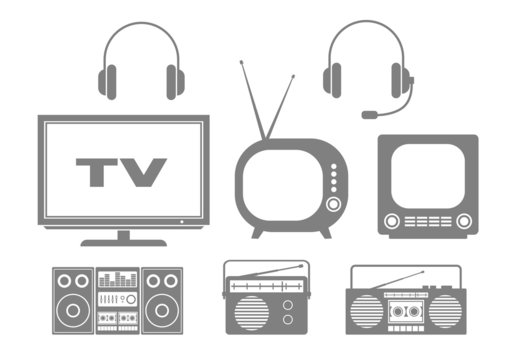 Grey audio and TV icons on white background