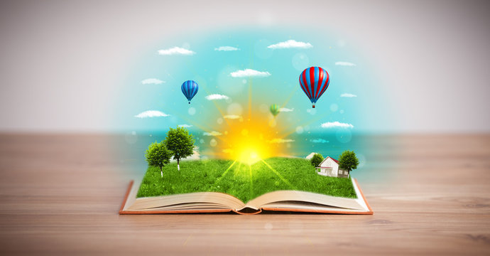 Open book with green nature world coming out of its pages