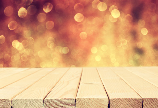 wooden deck and bokeh light background for product display  