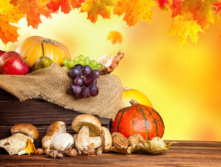 Naklejka na ściany i meble Autumn fruit and vegetable in wooden box