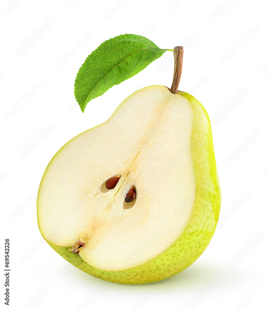 Aufkleber isolated pear. half of yellow pear with leaf over white background, with clipping path