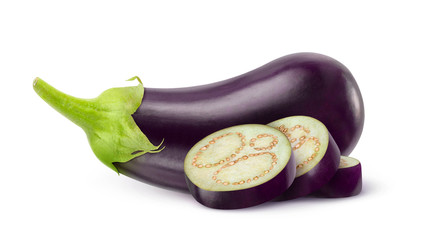 Isolated eggplant. Whole eggplant and slices over white background, with clipping path