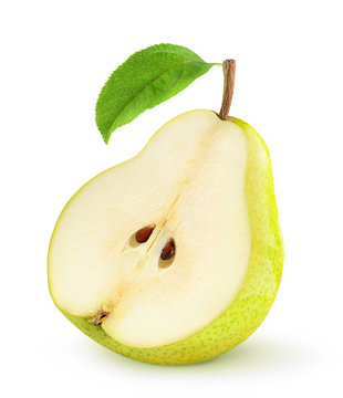 Isolated pear. Half of yellow pear with leaf over white background, with clipping path