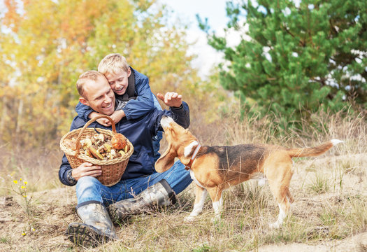 Father with son playing with dog on autumn forest glade