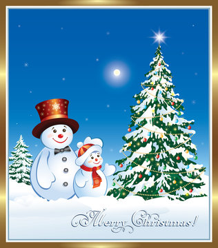 Christmas card with a festive Christmas tree and snowman