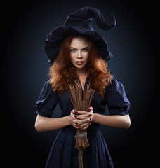 beautiful red-haired girl in a  costume witch
