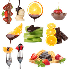 Tasty dessert collage - fruits with chocolate isolated on white