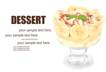 Delicious dessert with banana and caramel isolated on white