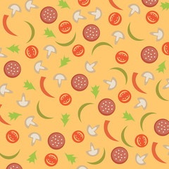 Abstract background with sausage, tomato, mushrooms and peppers