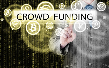 Businessman pushes virtual crowd funding button