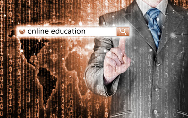 Online education written in search bar on virtual screen.