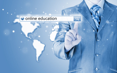 Online education written in search bar on virtual screen.