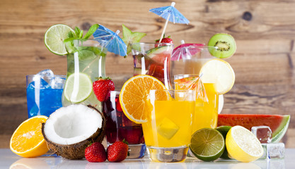 Alcohol drinks set with fruits