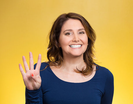 Woman, making four, 4 times sign gesture with hand