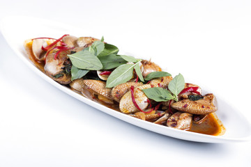 Close up Stir fried clams with roasted chili paste