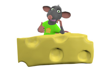 mouse sitting above a cheese on white background