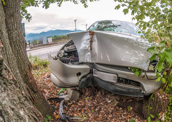 Car wreck off the road after a fatal accident