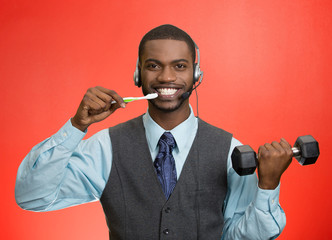 Naklejka premium Business man on phone, brushing teeth, lifting dumbbell
